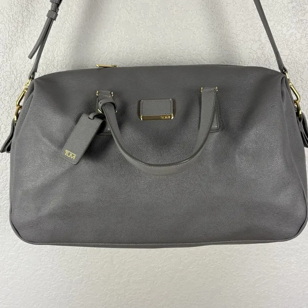 Tumi Gray Leather Weekender Bag with Gold Hardware